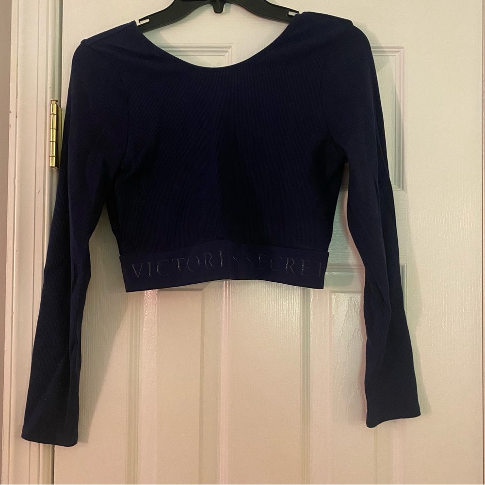 Victoria’s Secret Navy Blue Open Back Ribbed Crop Top Medium Athletic Gym Attire